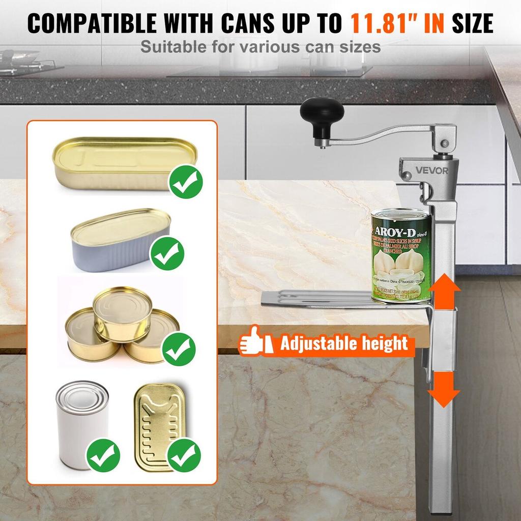 Commercial Can Opener, Heavy-Duty Manual Tabletop Cans Opener for Cans Up to 300 mm Height, Height-Adjustable Professional Can Openers with Stainless