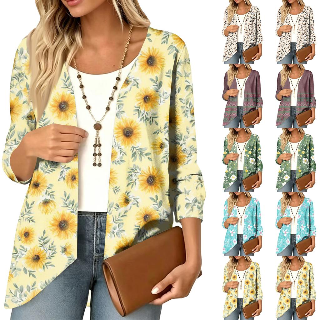 Women's Vintage Floral Print Three-Quarter Sleeve Lightweight Cardigan for Casual Daily Wear