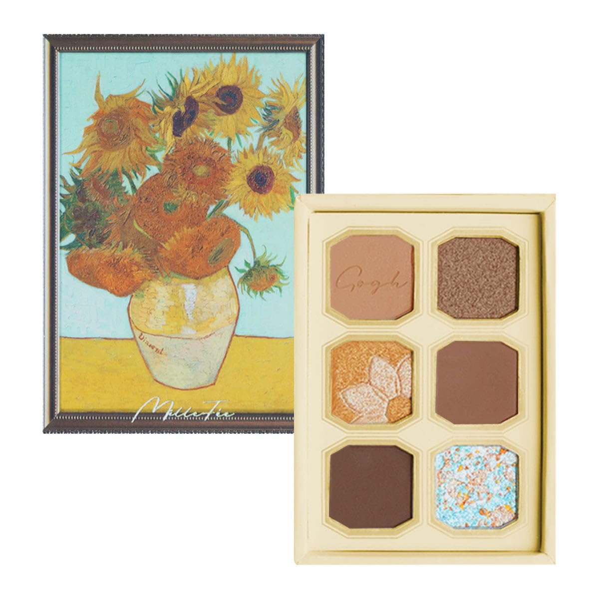 MilleFee Painting Eyeshadow Palette (11 Sunflowers) 6 Colors Eye Makeup Palette Glitter Van Gogh Orange Eyeshadow