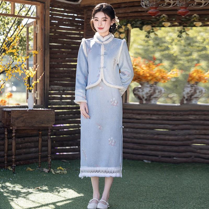 Womens Winter Long Sleeve Qipao Vest Set Retro Style Thickened Warm Outfit Daily Wear