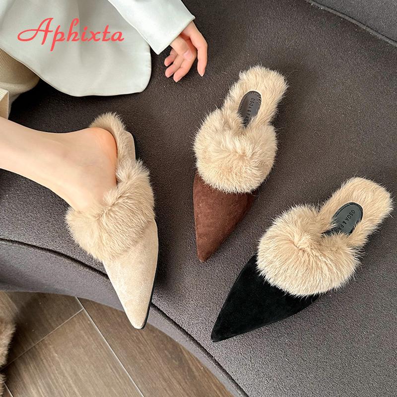 Fashion Aphixta New Warm Winter Slippers Suede Pointed Toe Slipper Low Heel Furry Shoes Indoor Hair Slides zapatos de mujer pantunflas