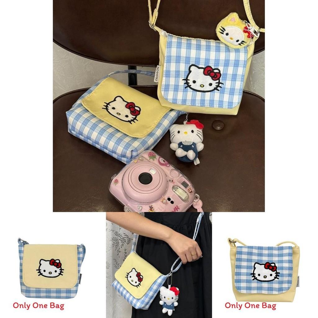 Hello Kitty Fashion Crossbody Bag With Plaid Pattern And Nylon Material For Women