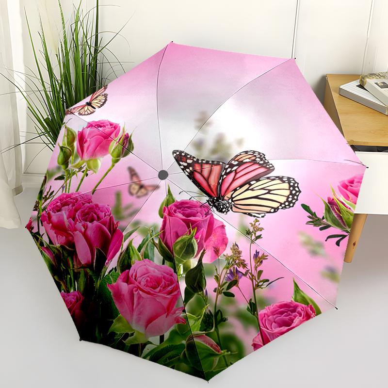 Beautiful Butterfly Automatic Folding Umbrella - Compact 8-Rib Design Durable Lightweight for Outdoor & Daily Use Gift Idea Stylish Accessory