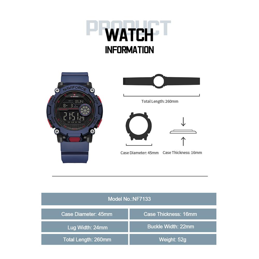 Naviforce Original Men LCD Digital Watch Lightweight Silicone Strap Waterproof Calendar Date Chronograph Alarm Men Boys Outdoor Watch NF7133