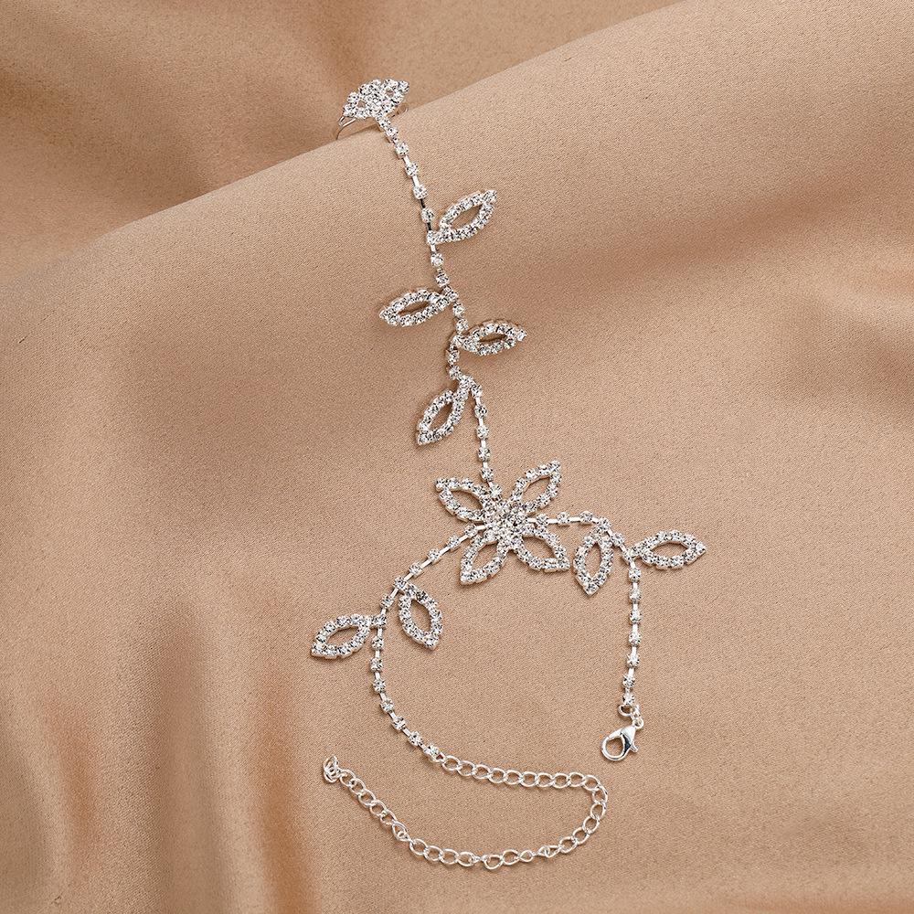 Korean Style Women's Rhinestone Leaf Hand Chain Bracelet - Elegant High-End Design
