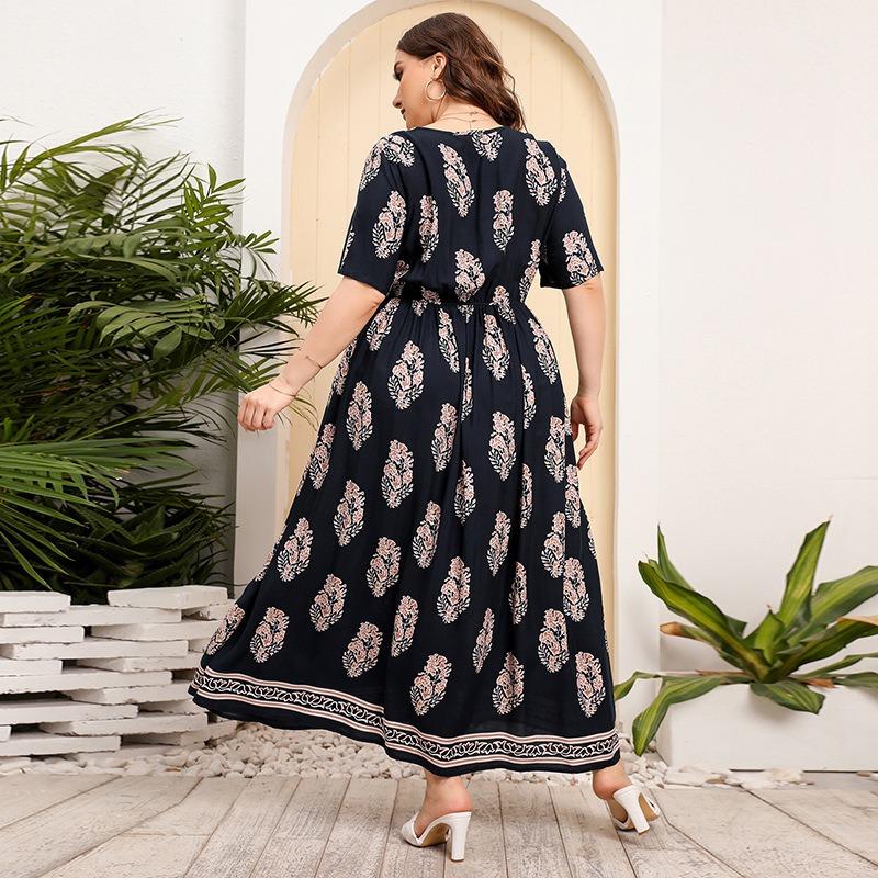 Summer Women Dress Short Sleeve High Waist V-Neck Midi Dress Plus Size Sexy Temperament Print Dress