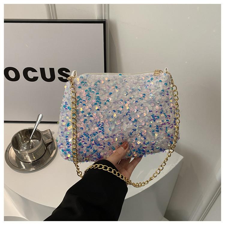 Black And White Sparkly Underarm Bag Women 2024 New Spring Nightclub Chain Small Square Bag Street Fashion