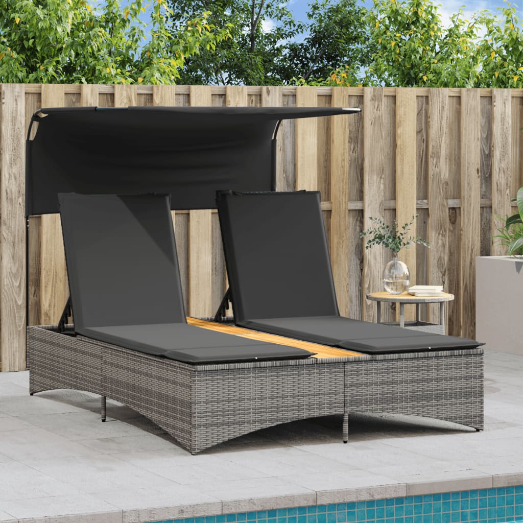 Vidaxl Double Sun Lounger with Canopy and Cushions, Grey, Rattan