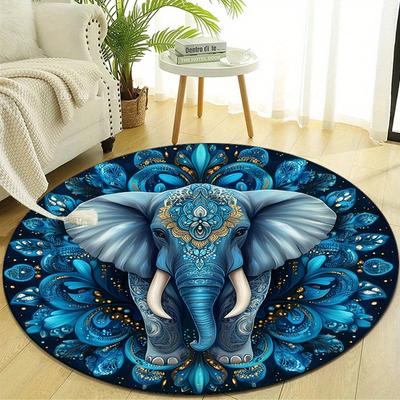 Blue Floral Mysterious Totem Elephant Pattern Print Round Carpet - Suitable for Bedroom, Living Room, and Home Decoration