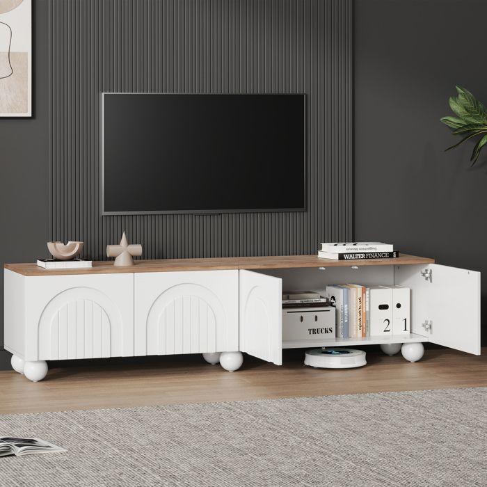 Meuble TV 180 X 40 X 45 Cm - 4 Portes - 6 Pieds Métal - MDF - Blanc + Naturel