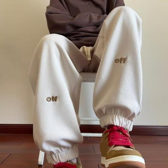 Spring Fall Men Sport Pants Loose Drawstring Elastic Waist Pockets Ankle-banded Letter Embroidery Exercise Trousers Daily Wear Sweatpants