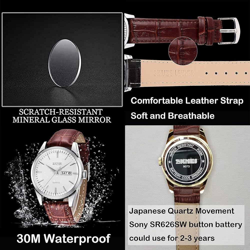 Men's Classic Brown Leather Strap Watch Waterproof Quartz Analog Casual Simple Date Day Lightweight Silver