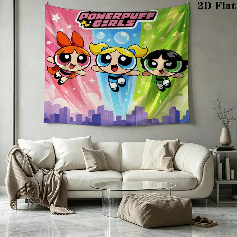 Cartoon Powerpuff Wall Tapestry Aesthetic Wall Hanging Printed Fabric Blanket Decorative Tapestries for Bedroom Living Room Home Decor