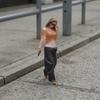 Orange Top Hand-Painted Resin Figurine Sunglasses Walking Woman Phone