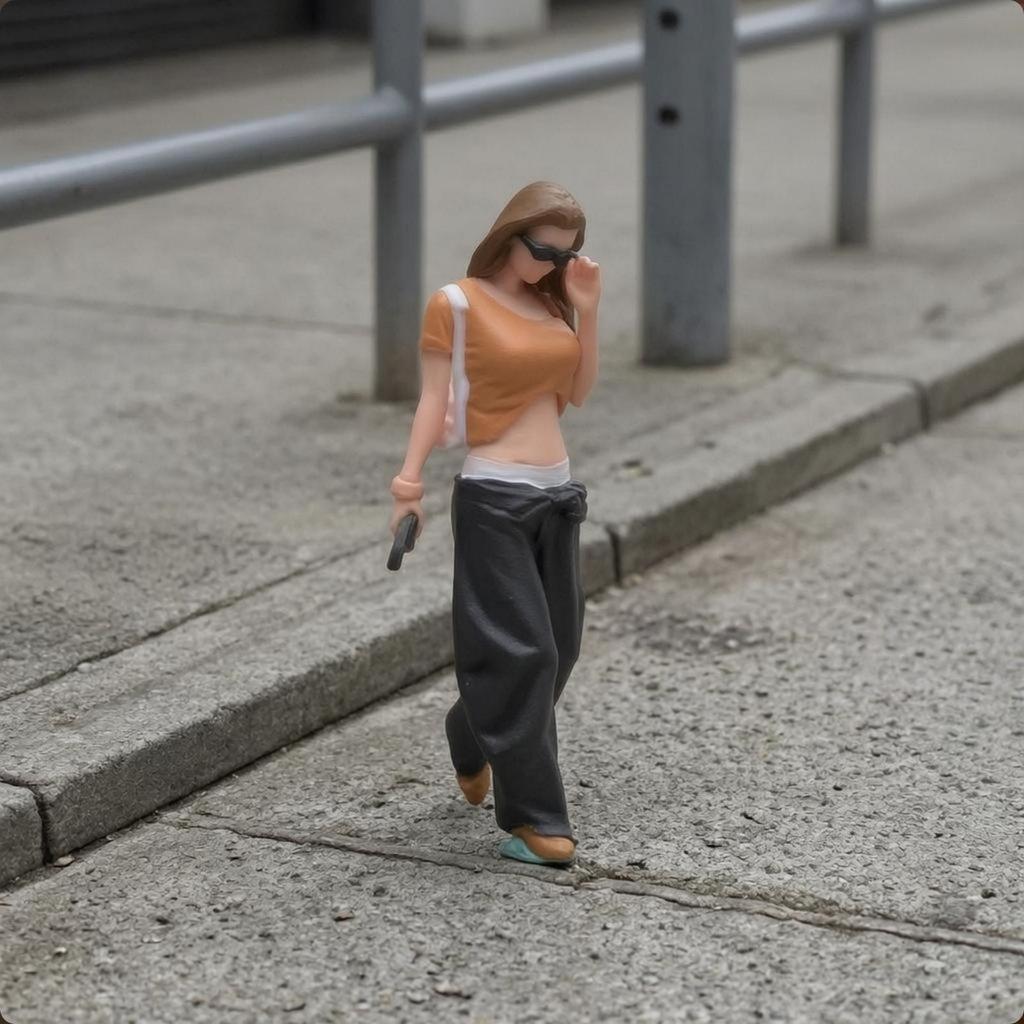 Orange Top Hand-Painted Resin Figurine Sunglasses Walking Woman Phone