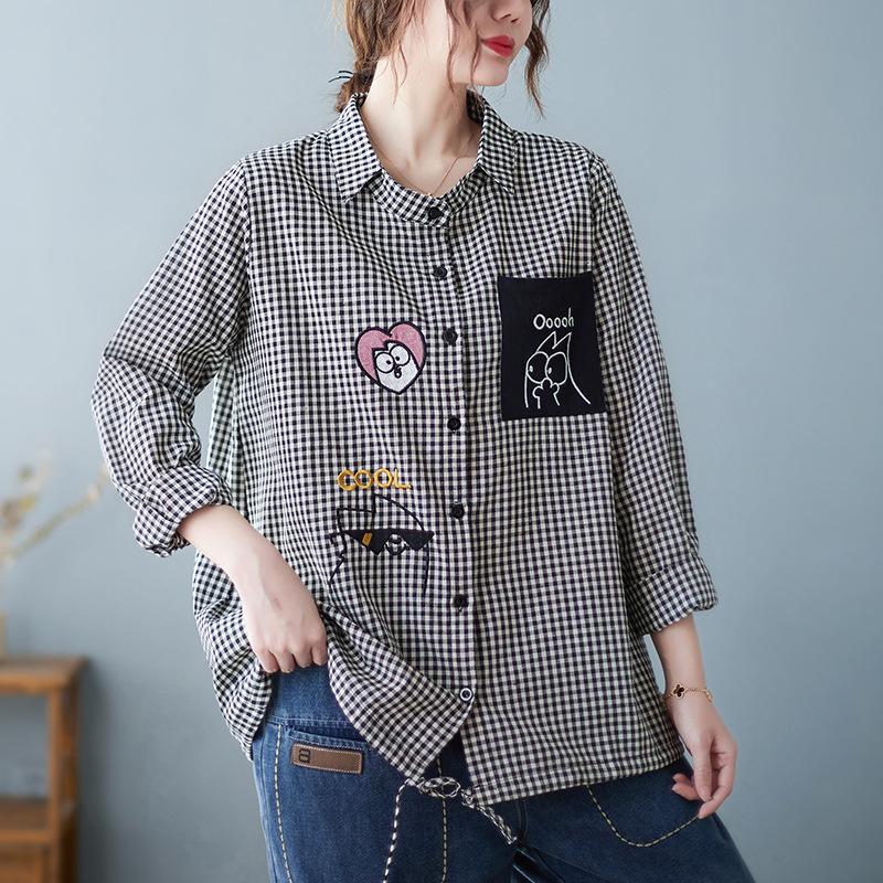Camisa Casual para Mujer Estilo Coreano Vintage Estampado a Cuadros Bordado de Dibujos Animados Oversize Femenina Mujer Blusas Camisas