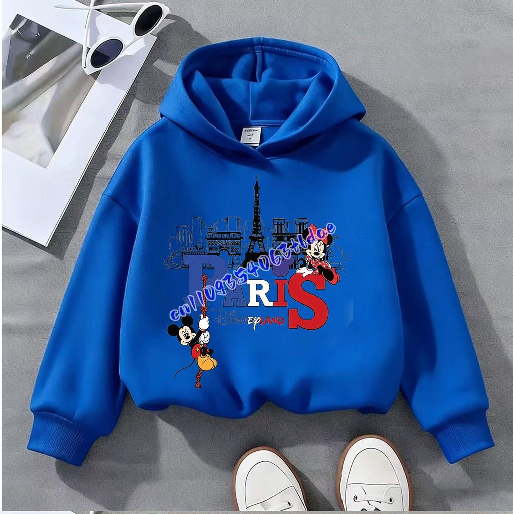 Paris Eiffel Tower Cartoon Print Kids Hoodie Girls Boys Loose Pullover Sweatshirt Children Family Trip Long Sleeve Hooded Top