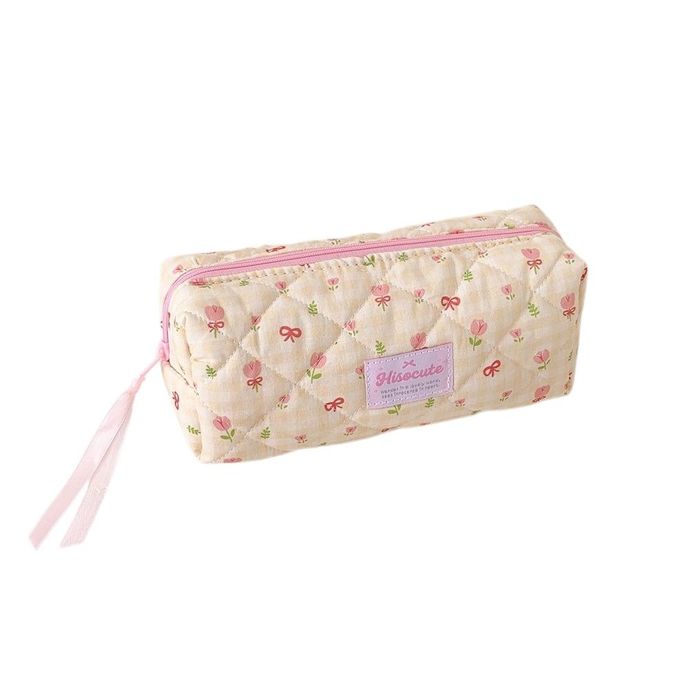 Bow Quilted Pencil Pouch Y2k Flower Pencil Case Desktop Storage Cloth Stationery Bag Student
