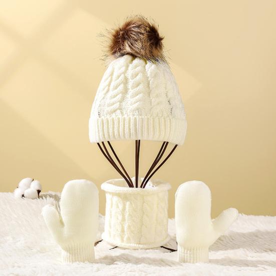 3Pcs/Set Kids Hat Scarf Glove Set Plush Ball Decor Twist Texture Thickened Warm Brimless Hat Long Scarf Touch Screen Gloves Set