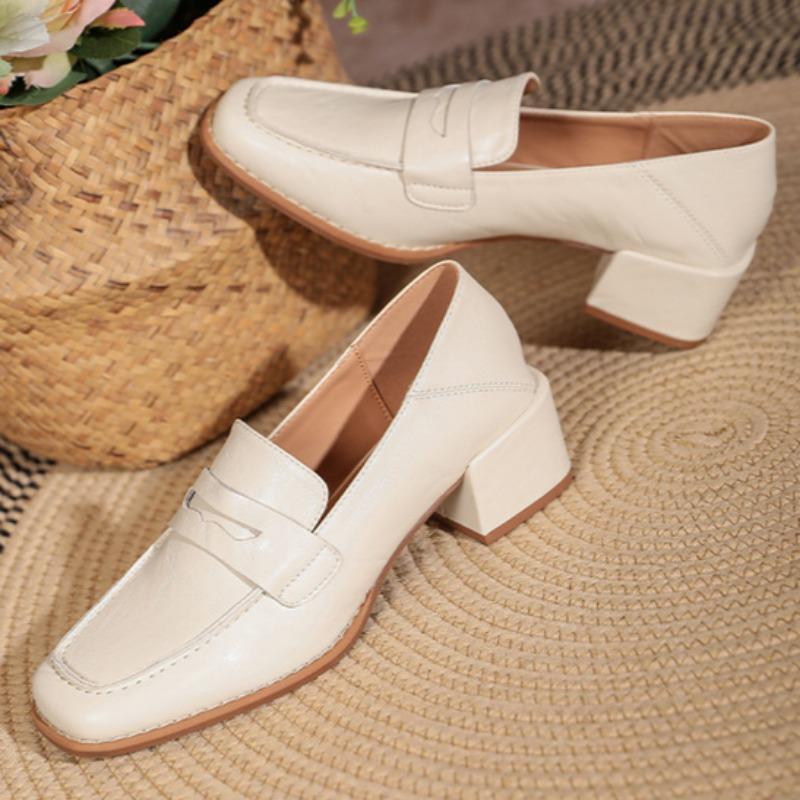Retro Loafers Myke Skinn Hæler Toveissko Collegestil Små Skinnsko Slip-on Sko for Kvinner Tykke Hæler Høye Hæler