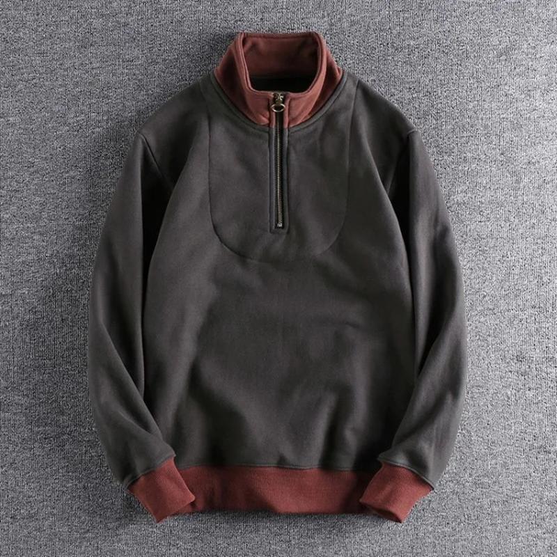 Men Autumn Winter New Style Loose Stand Collar Half Zip Trendy Sweatshirt Fleece Lined Thickened Color Block Casual Top Jacket