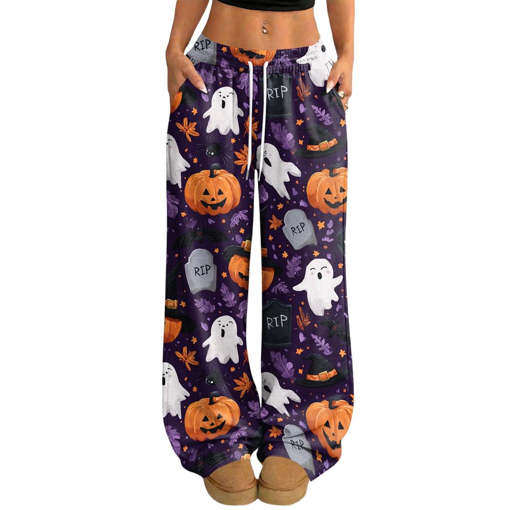 Damen Casual Locker Geschnittene Weite Hosen mit Halloween Print, Elastischer Bund mit Kordelzug für die Feierparty