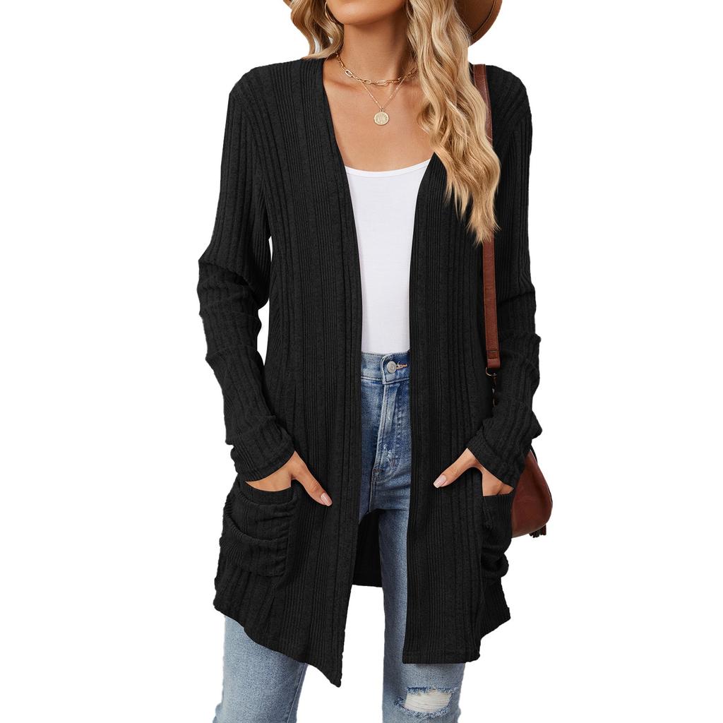 Autumn and Winter New Pit Stripes Long-sleeved Pockets Casual Solid Color Cardigan Jacket Long Cardigan Women Tops Kawaii Sweater