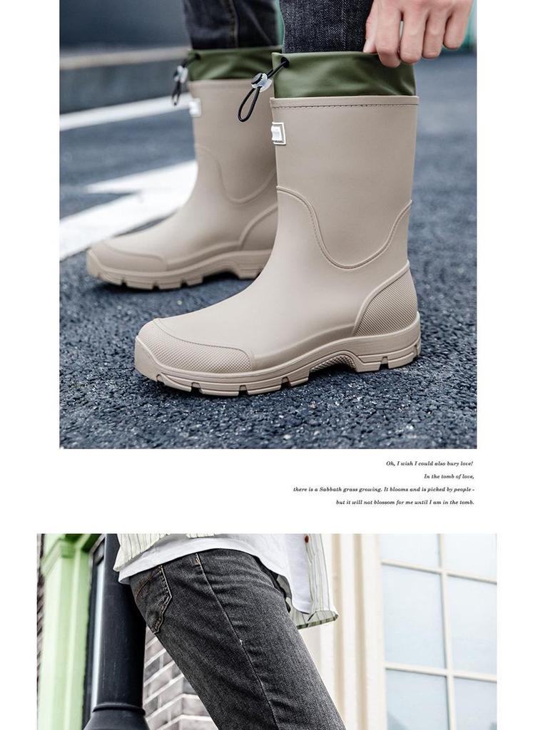 Unisex Mid-Calf Waterproof Drawstring Rain Boots - Lightweight Non-Slip Rubber Shoes