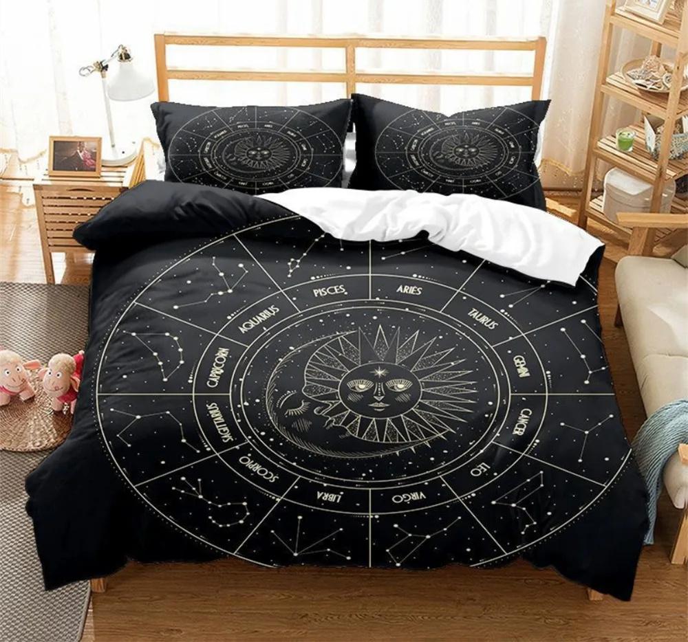 Black Sun Moon Star Bedding Set Bohemian Totem Line Duvet Cover Pillowcases Bedlinen Adults Bedclothes Twin Full Queen King Size