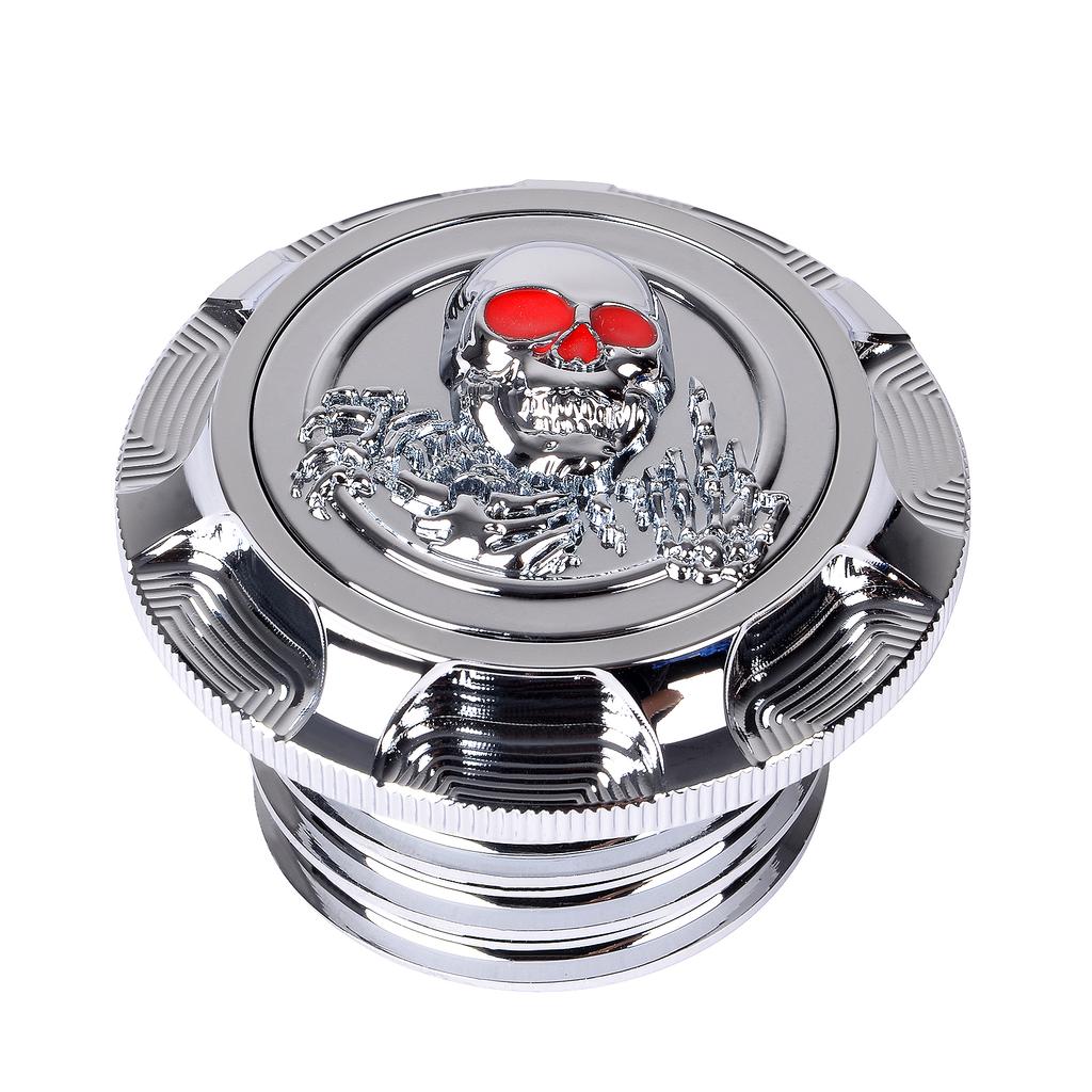 For Harley Sportster XL 1200 883 X48 Dyna Aluminum Fuel Gas Tank Cover Cap 3D Chrome Skull Red Eyes Style