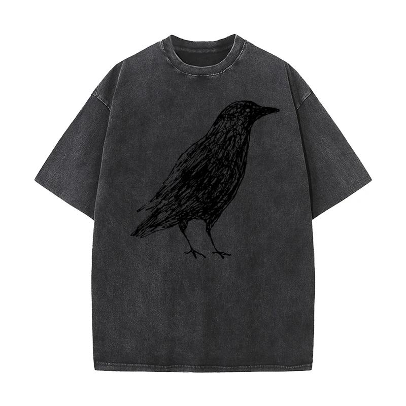 Sketch Bird Graphic Crew Neck Washed Tshirts Mother Day Tees Short Sleeve Classic Cotton Funny Washed Tees