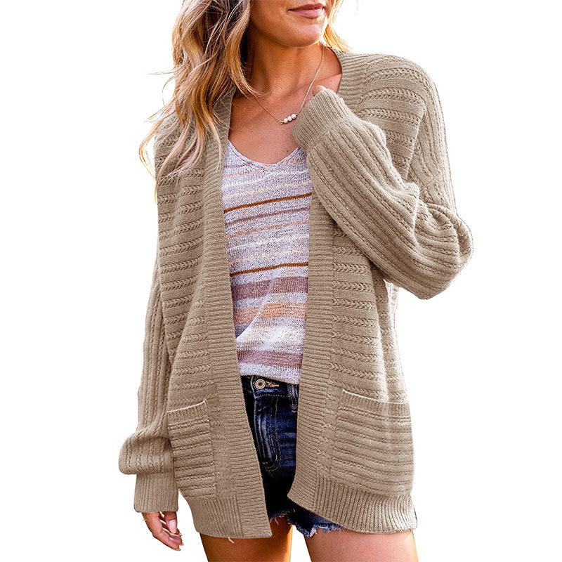 European & American Women's Hollow Knit Lantern Sleeve Cardigan - Autumn/Winter 2024 Style.