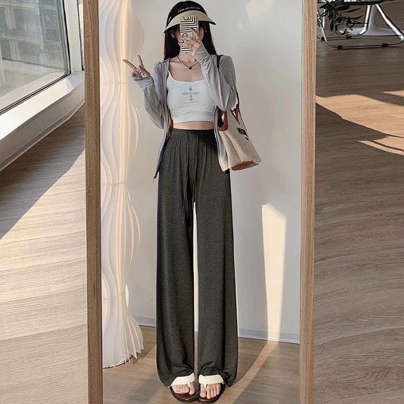 

Летние серые тонкие широкие брюки женские маленькие с высокой посадкой свободные повседневные брюки L темно-серого