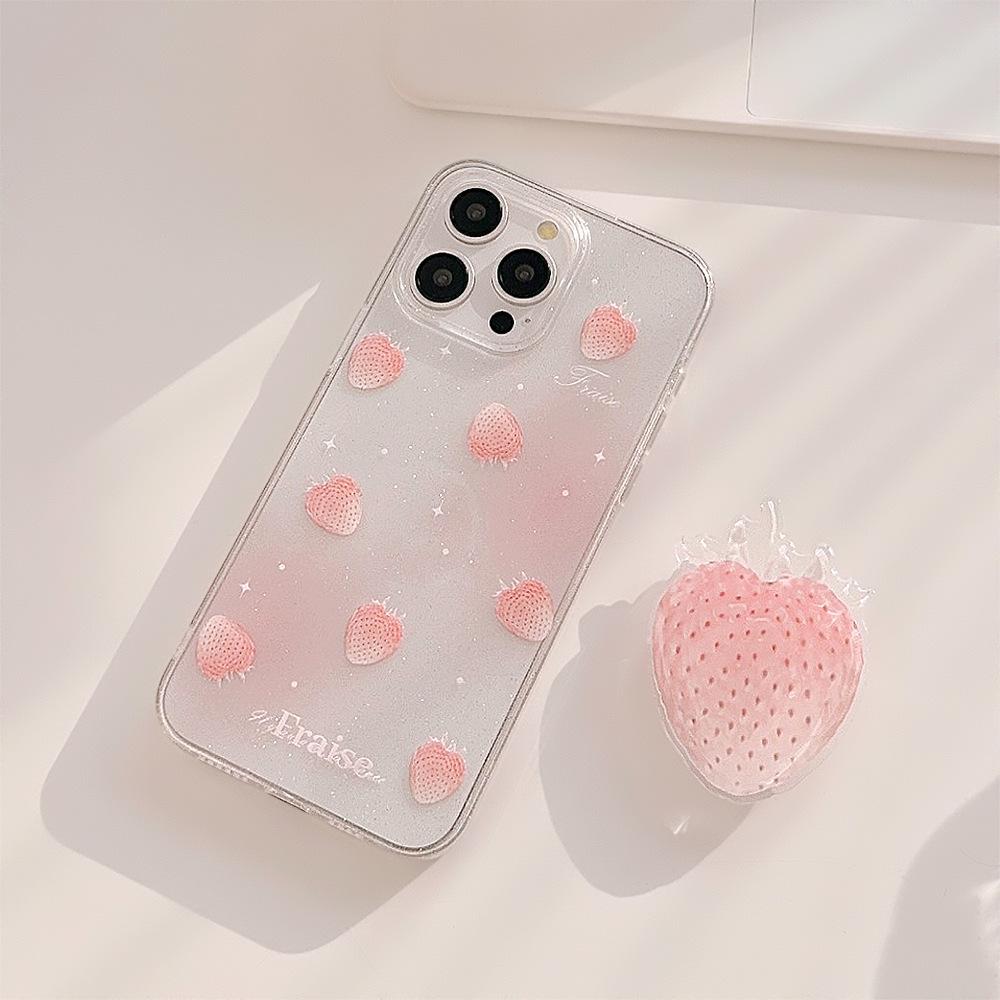 Summer Cream Strawberry Apple 16 Mobile Phone Case 13 Glitter Powder Iphone14promax Suitable for 11 Stand 12