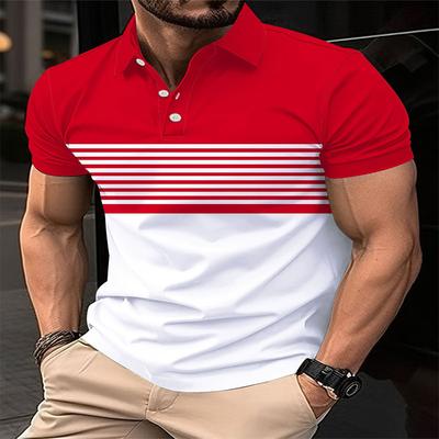 Polo à manches courtes pour homme à rayures et blocs de couleurs, style décontracté avec une légère élasticité, coupe régulière, haut d'été