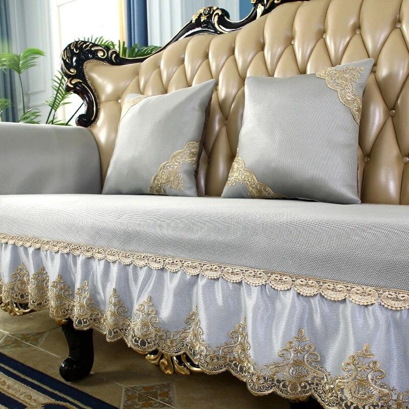 Summer Cool Ice Silk Fabric Slipcover European Luxury Lace Edge Sofa Cover Non-slip Living Room Sofa Protection Seat Cushion
