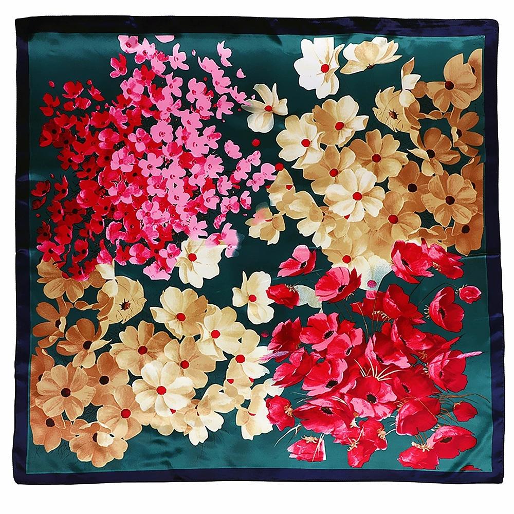

90*90cm Spring Full Bloom Flower Printed Small Square Scarf Women Foulard Hijabs For Holiday 90x90cm