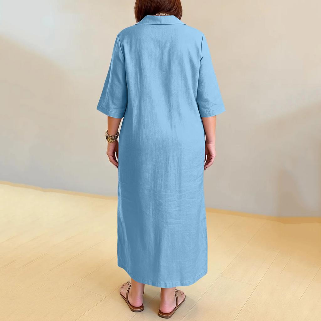Women's Fashionable Loose-Fit V-Neck Casual Cotton-Linen Blend Shirt Dress