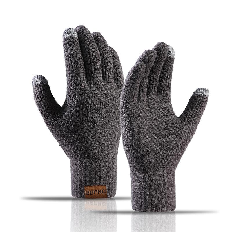 Knitted gloves, men's winter warm finger piled thickened warm wool touch screen gloves