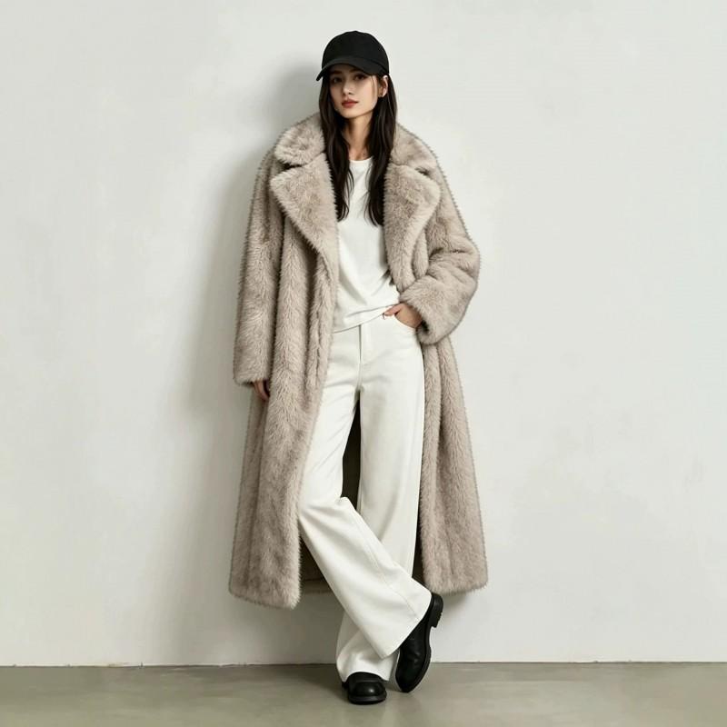 Womens Faux Fur Coat Long Winter Warm Outerwear With Collar Lapel Elegant Office Style