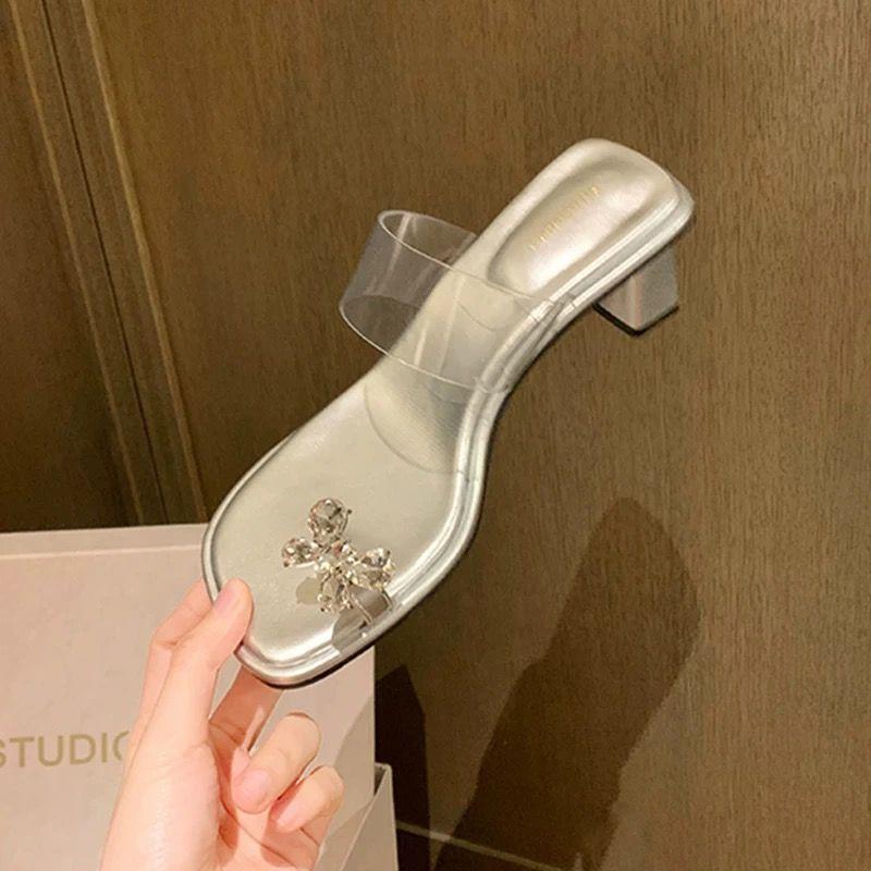 Fashion Slippers Casual Butterfly-Knot Glitter Slides Shoes Square Heel Transparent Heel Luxury Jelly Block Summer Crystal Scandals Butt