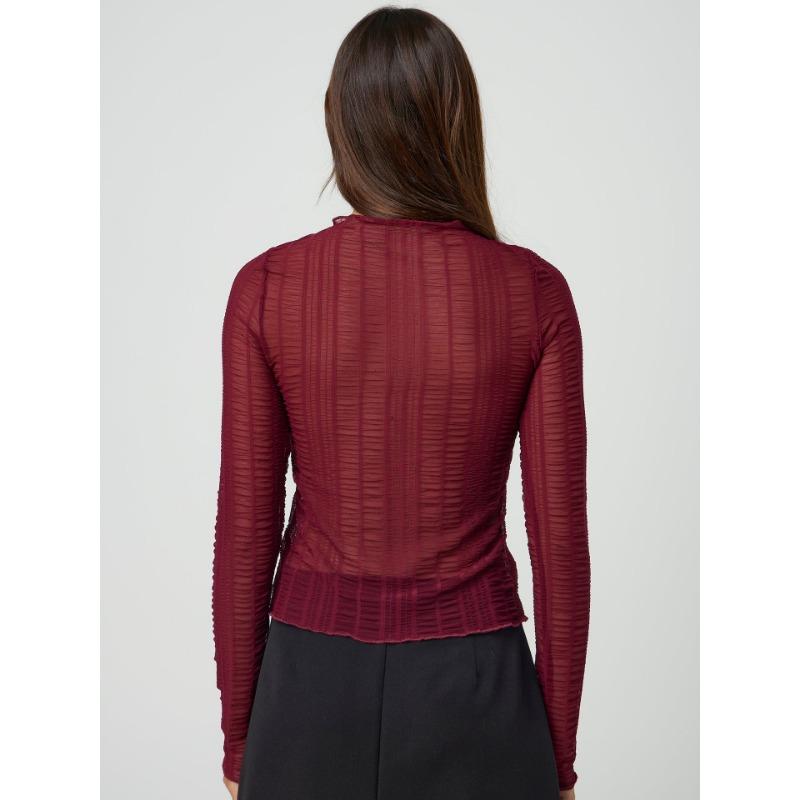 Dámský sexy top s průstřihy, kulatým výstřihem, jednobarevný, průsvitný, s dlouhým rukávem