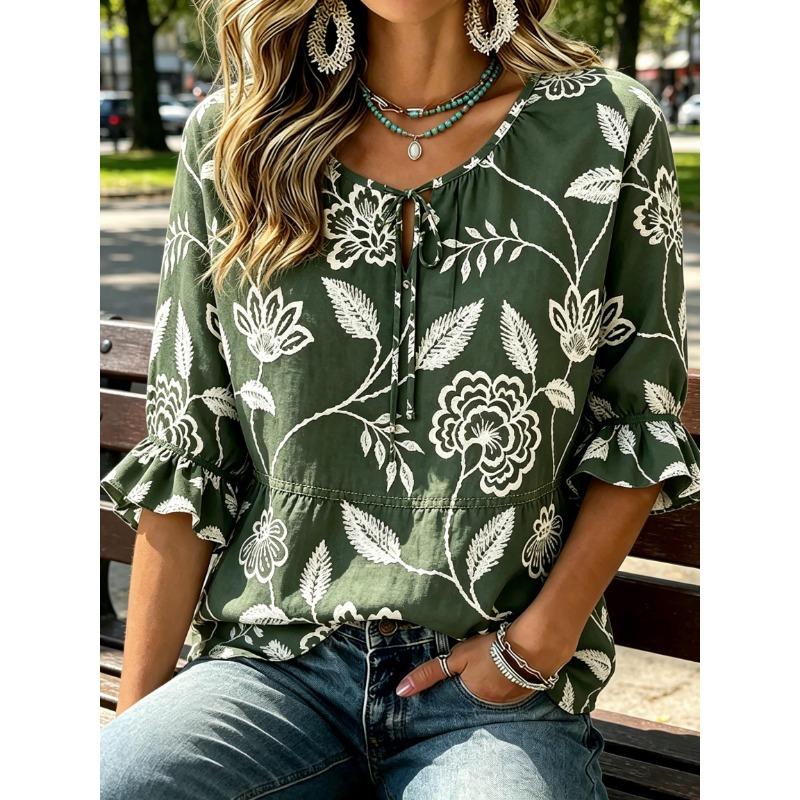 Women's Ditsy Daisy Floral Print Tie Neck Blouse, Ruffle Half Sleeve Light Casual Top for Sweet
