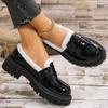Mode Verdicken Kurzer Plüsch Slipper Schuhe Damen Winter Faux Pu Leder Slip On Warme Schuhe Frau Übergröße Plattform Baumwollschuhe Dame