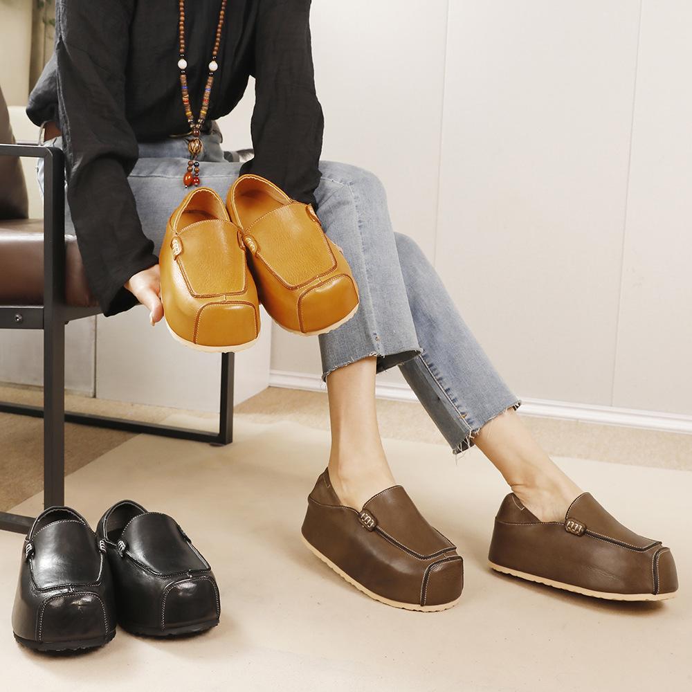 Johnature Genuine Leather Invisible Height Increasing Shoes Retro Handmade Flat Platform Shoes
