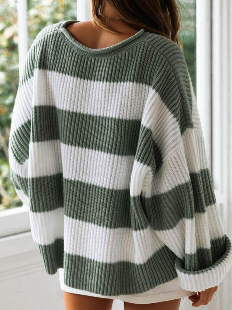 Women's Autumn New Fashion Striped Color Block Knit Sweater with Ribbed Crew Neck