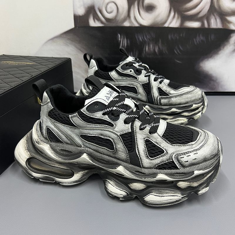 2025 spring retro polished men's shoes, new summer mesh breathable casual sports thick sole heightening dad trendy shoes