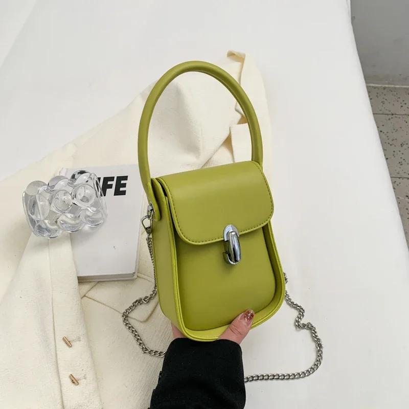 

Mini Chain Cute PU Leather Crossbody Bags with Short Handle for Women 2023 Luxury Solid Color Fashion Phone Handbags and Purses Mini(Max Length 20cm) зелёный