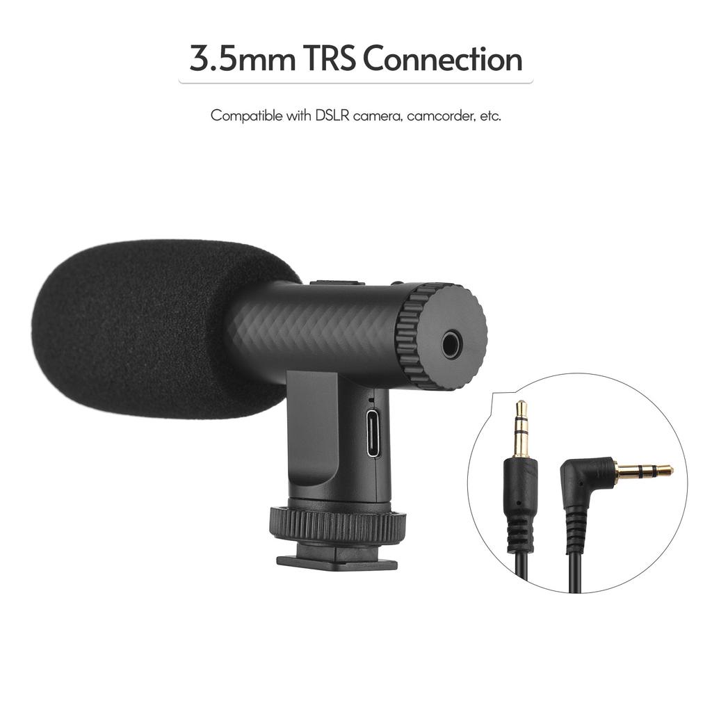 Portable Stereo Microphone Video Recording Mic 3.5mm TRS Plug Built in Rechargeable Battery for DSLR Cameras Camcorder