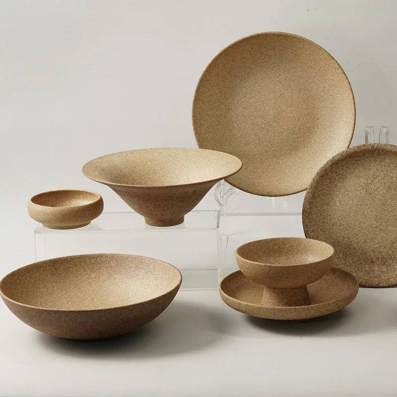 Retro frosted brown shallow dish restaurant with round artistic conception Western food steak pasta plate exquisite tableware